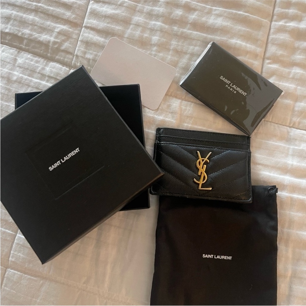 Saint Laurent Black Quilted Leather Card Holder with Gold YSL Logo
